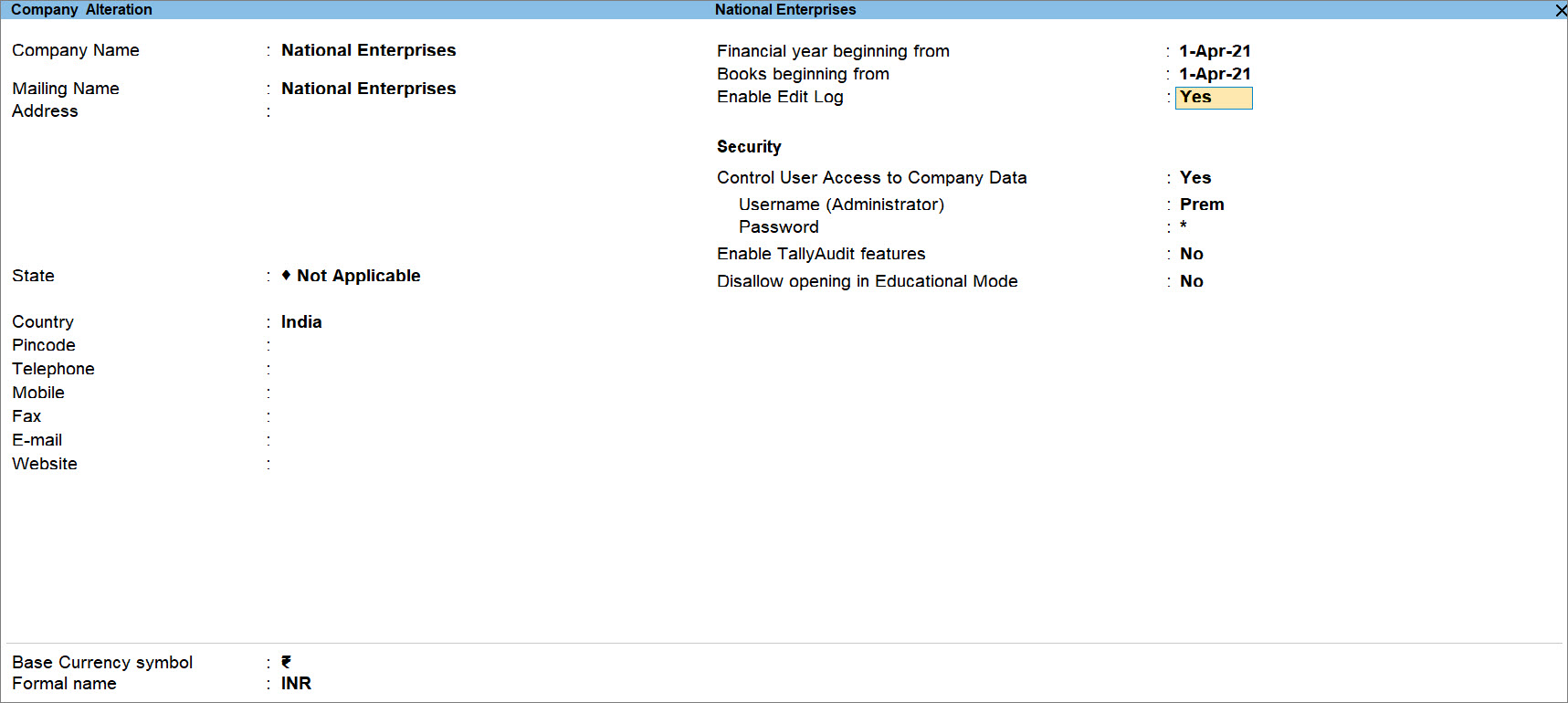 Enable Edit Log Company Alteration in TallyPrime