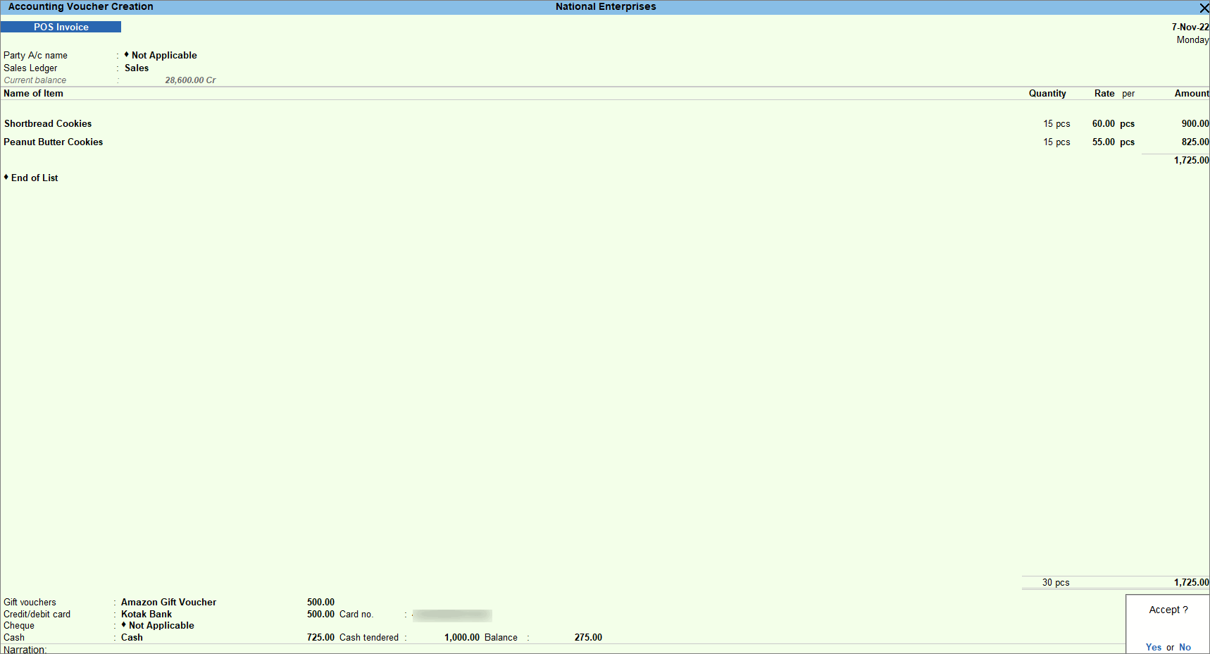 Record POS invoice with multiple mode of payment