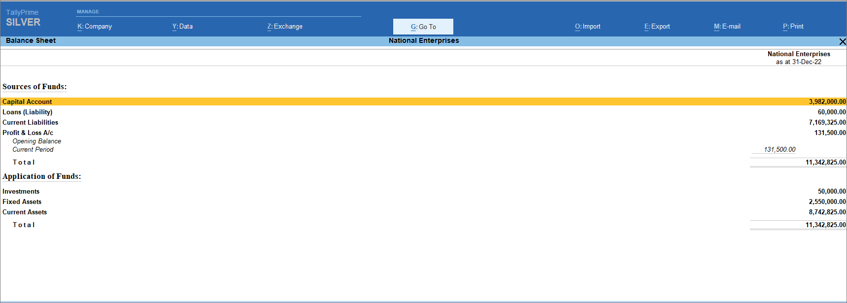 Vertical view of balance sheet