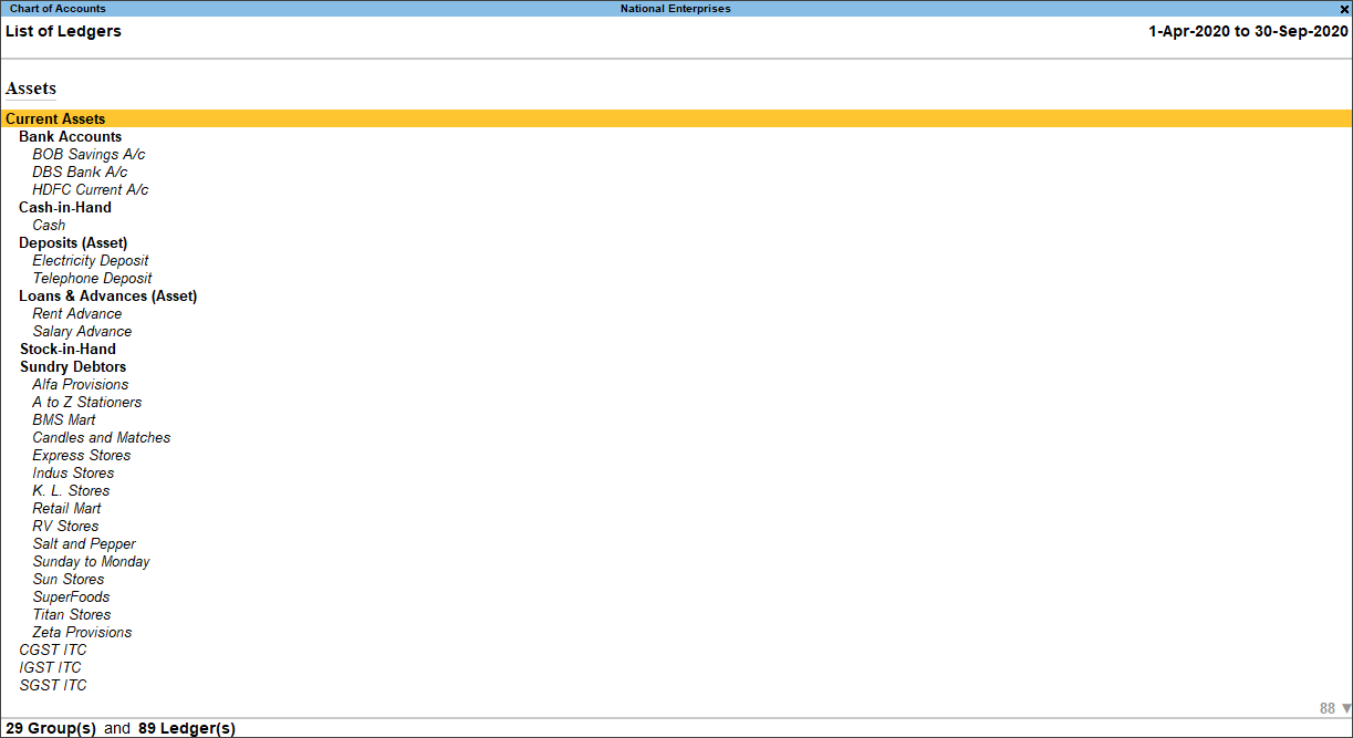 Chart of Accounts in TallyPrime