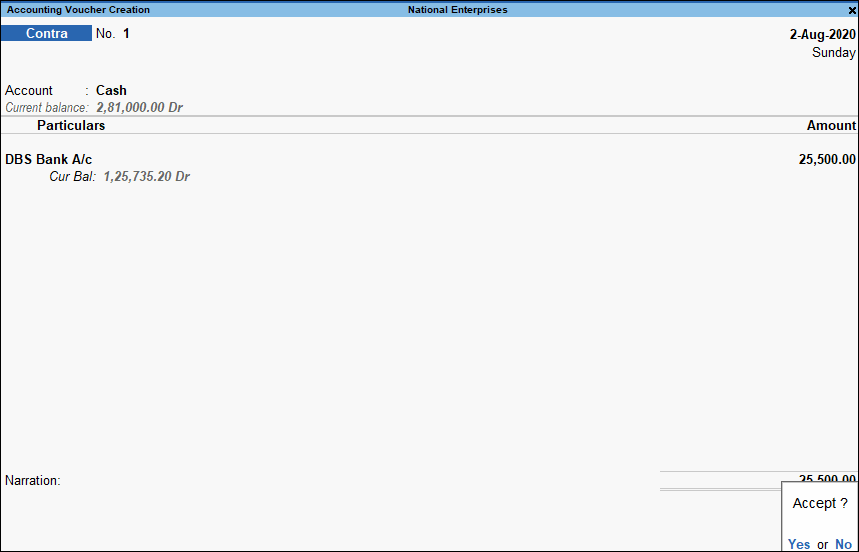 Contra Voucher Accounting Entry in TallyPrime in Single-Entry Mode