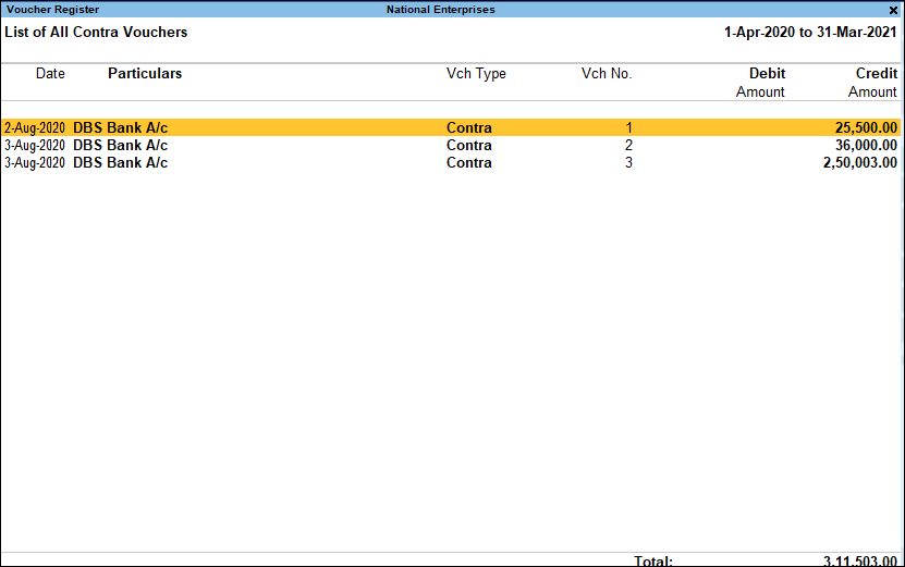 contra register in TallyPrime