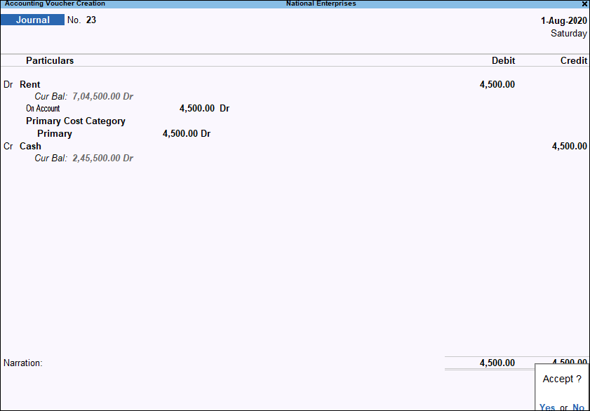 Journal Voucher Accounting Entry in TallyPrime