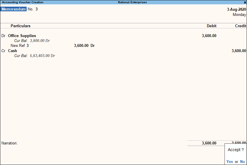 Memorandum Voucher Accounting Entry in TallyPrime