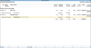 Partially Pre-Close Order in TallyPrime