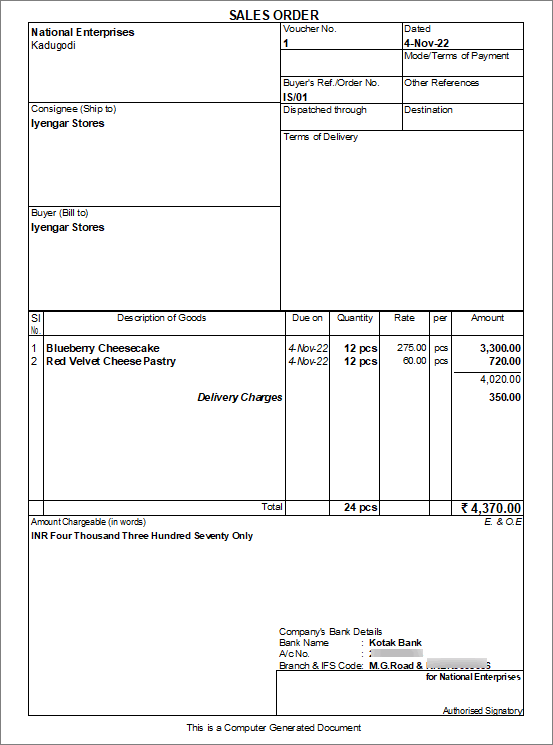 Printing of a sales order