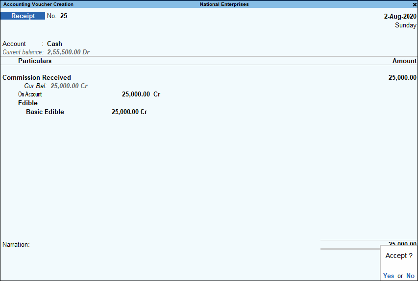 Receipt Voucher Accounting Entry in TallyPrime