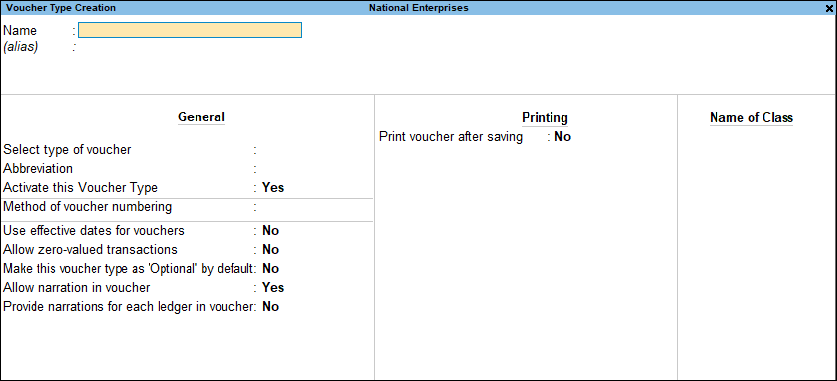Create Voucher Type in TallyPrime