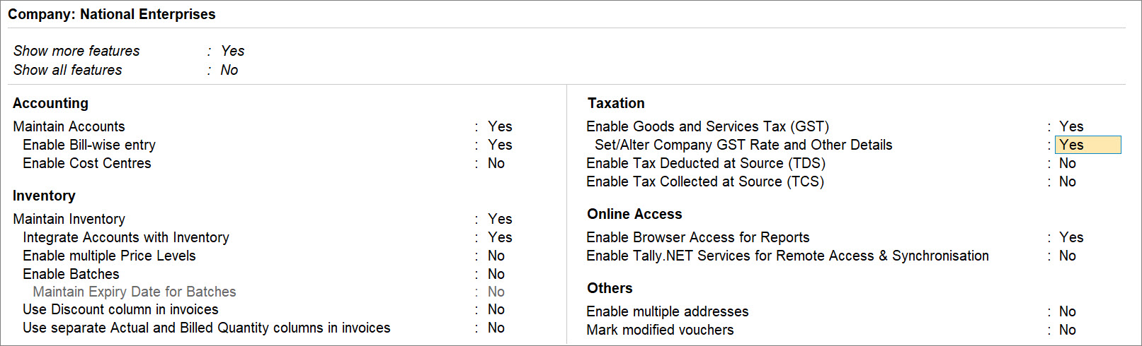 Set or Alter GST Rate and Other Details to Yes under F11 Features in TallyPrime