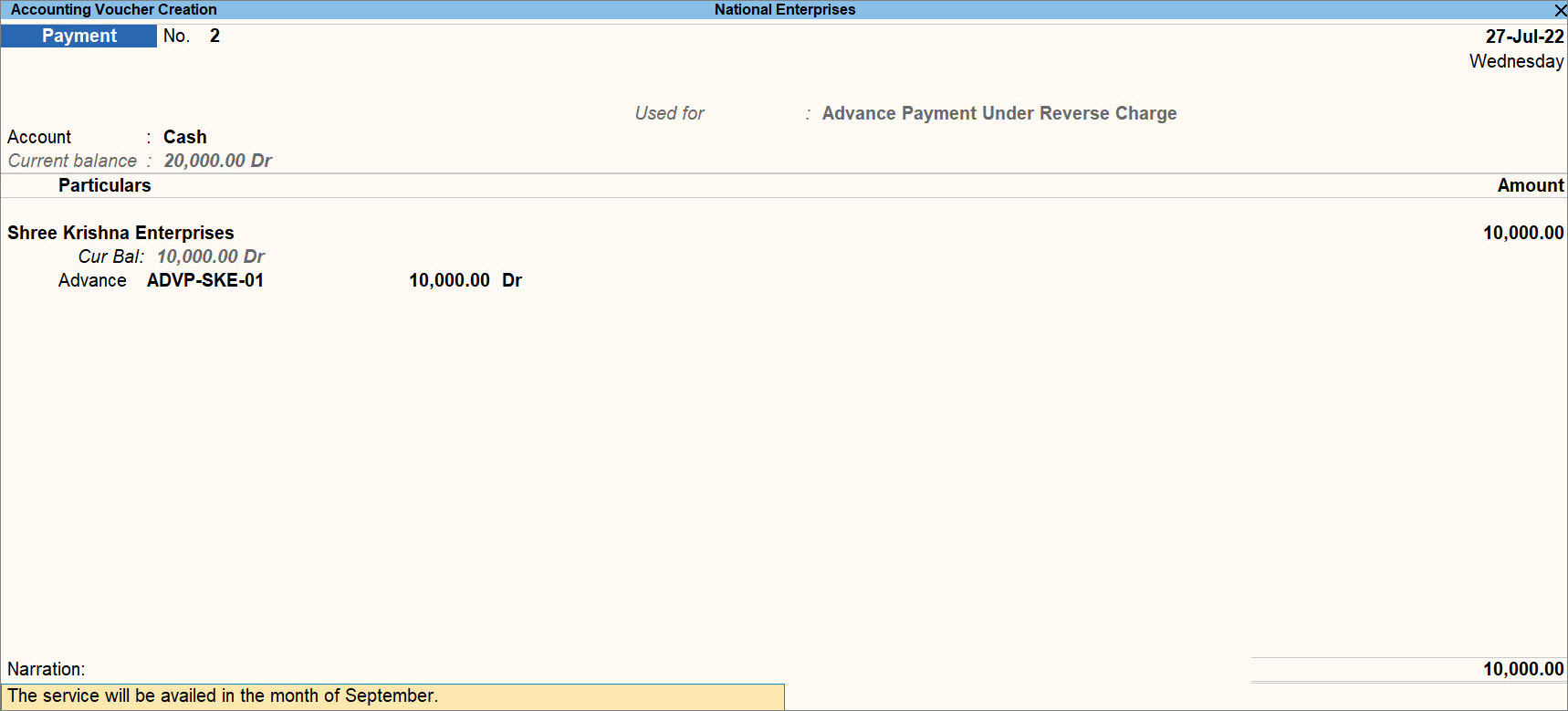 Advance Paid Under GST in TallyPrime