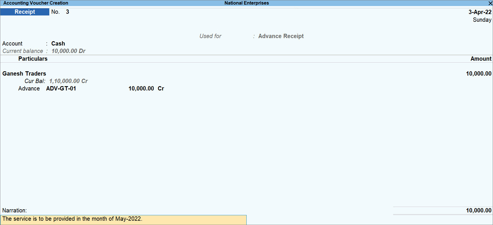 Advance Received Under GST Recorded in TallyPrime