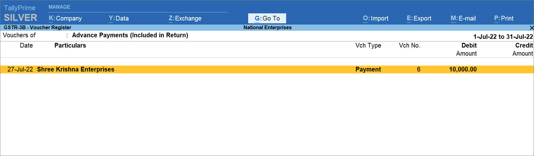 Advance Payment Under GST in GSTR-3B of TallyPrime