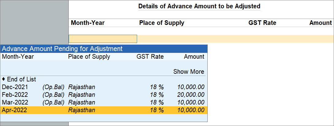 Details of Advance Amount to be Adjusted in TallyPrime