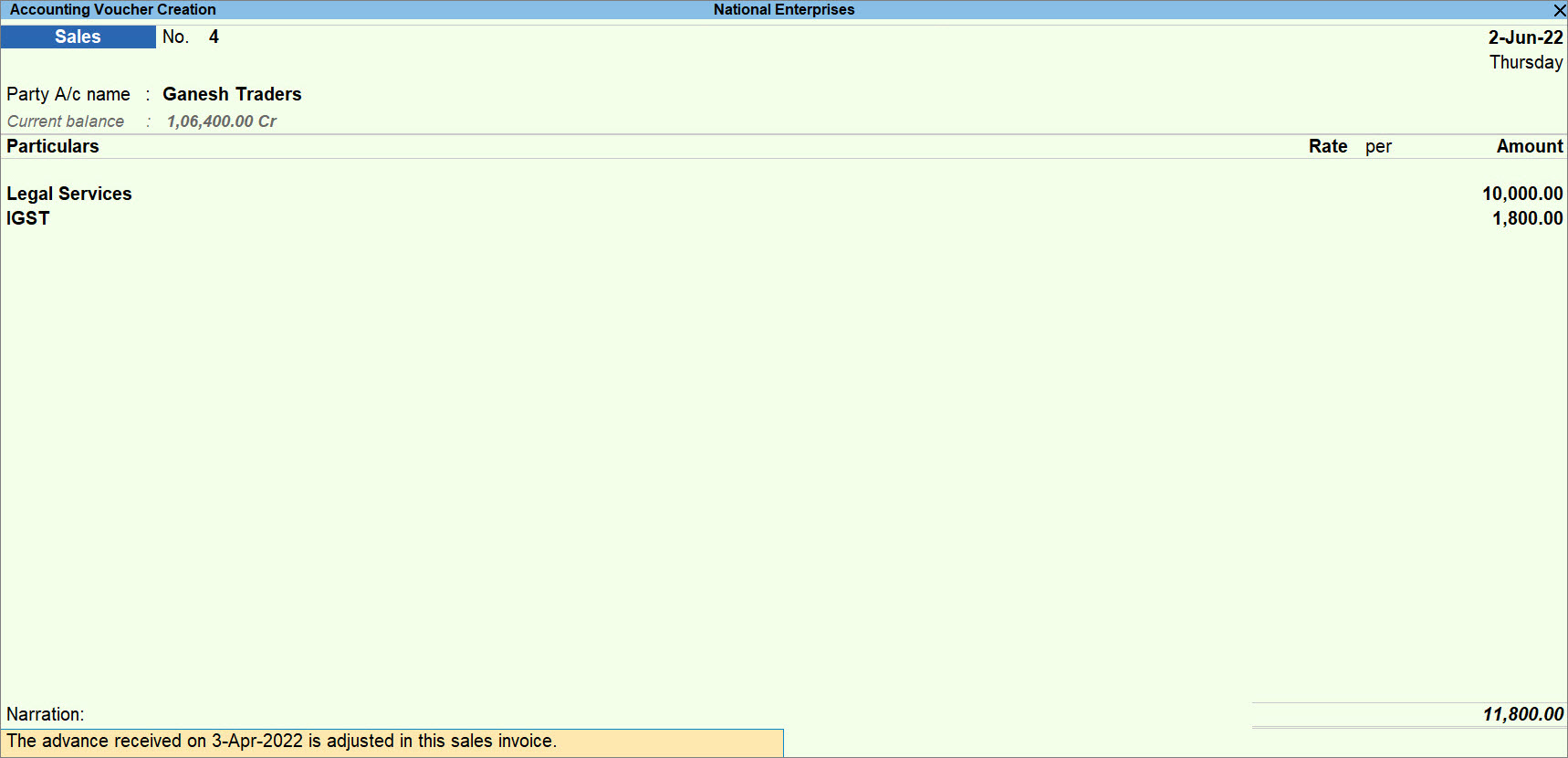 Sales Invoice with Adjusted Advance Receipt in TallyPrime