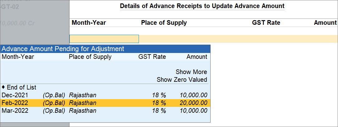 Details of Advance Amount Pending for Adjustment in TallyPrime