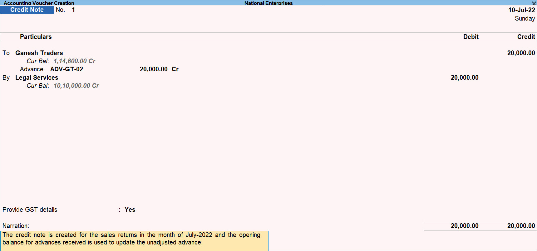 Credit Note Recorded for Sales Return to Update the Unadjusted Advance Received in TallyPrime
