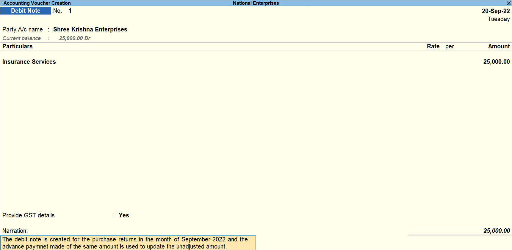 Debit Note for Purchase Returns in TallyPrime