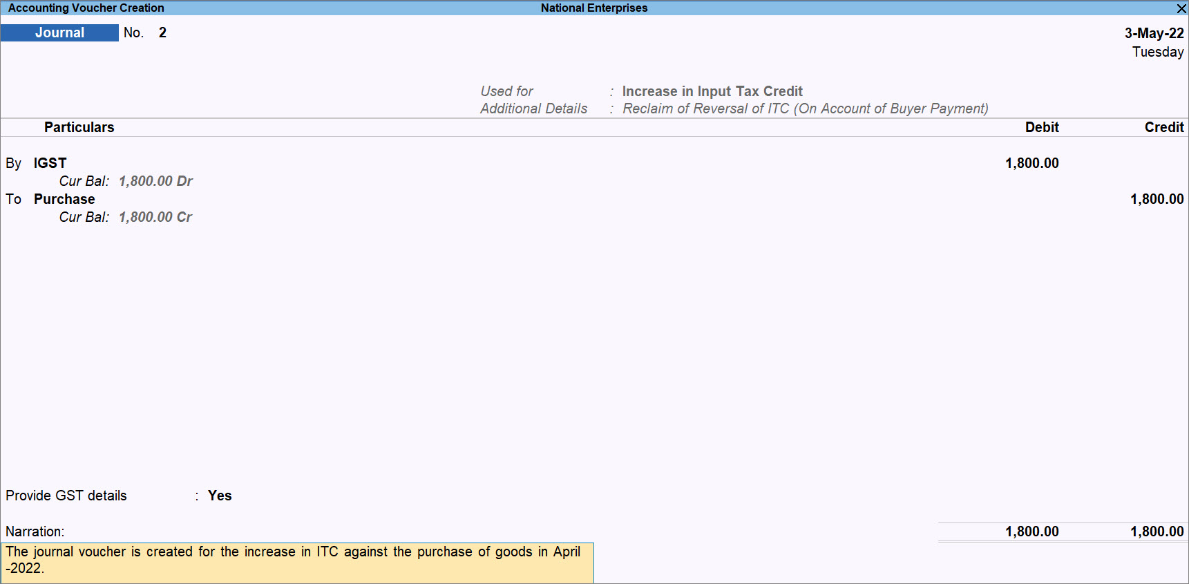 Journal Voucher Record for Increase in Input Tax Credit in TallyPrime