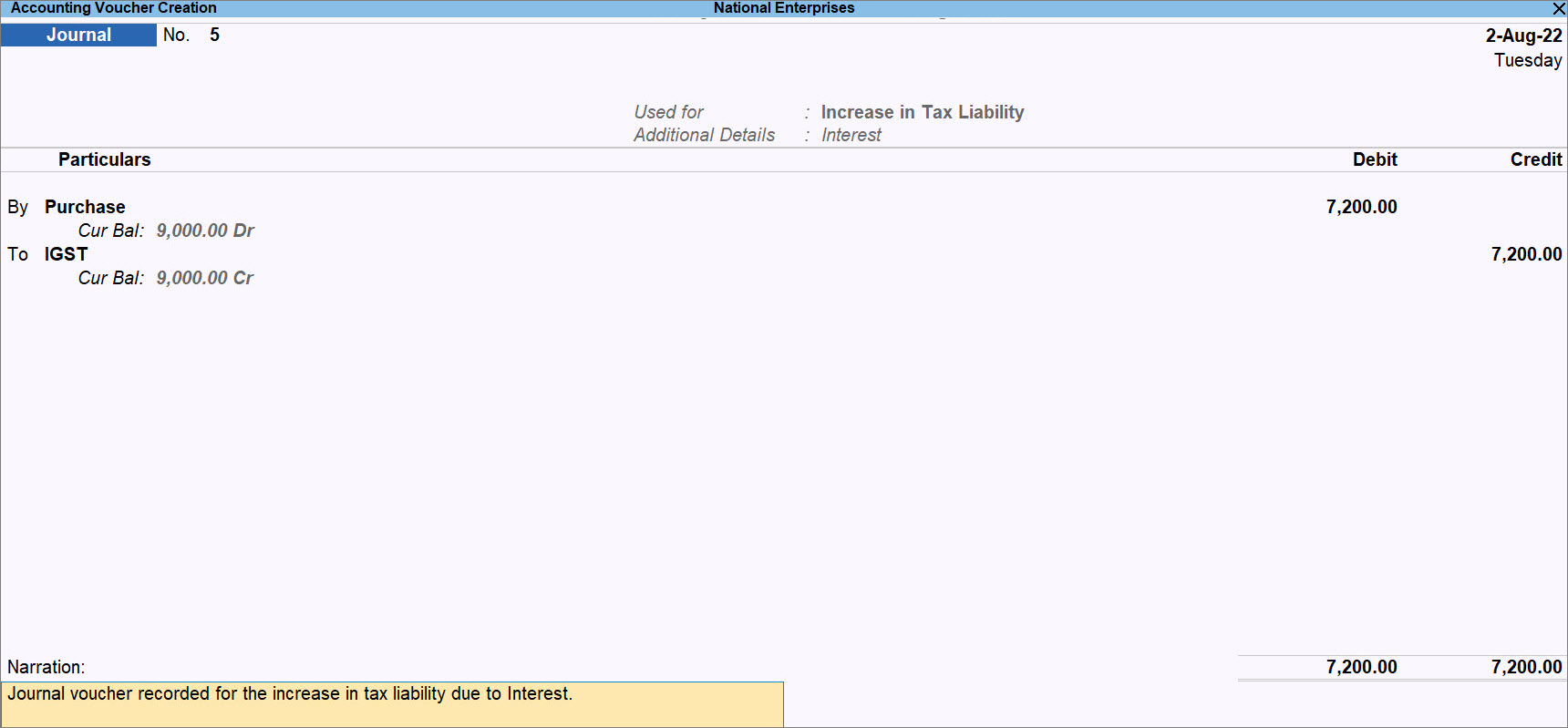 Journal Voucher Recorded for Increase in Tax Liability due to Interest in TallyPrime