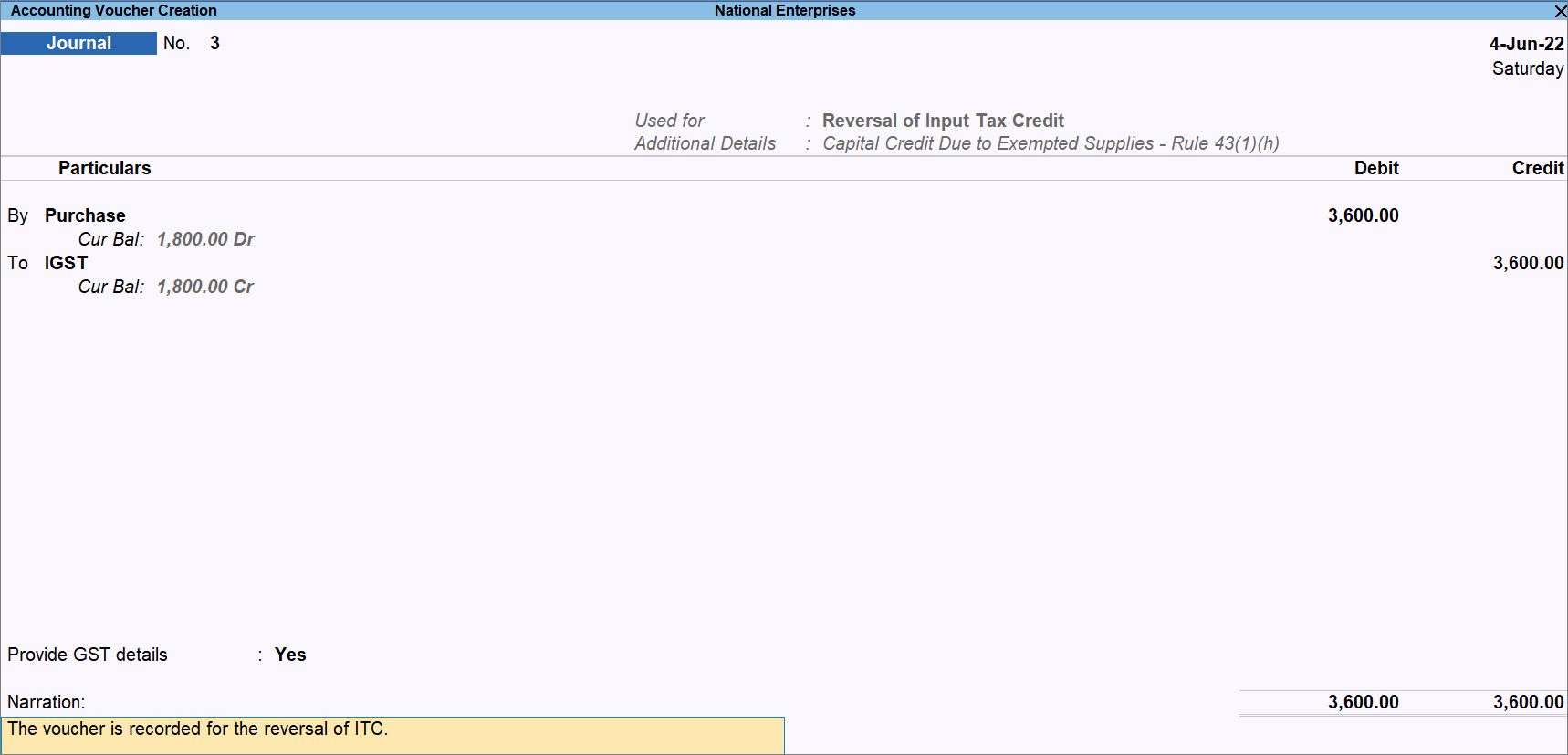 Journal Voucher for Reversal of Input Tax Credit in TallyPrime