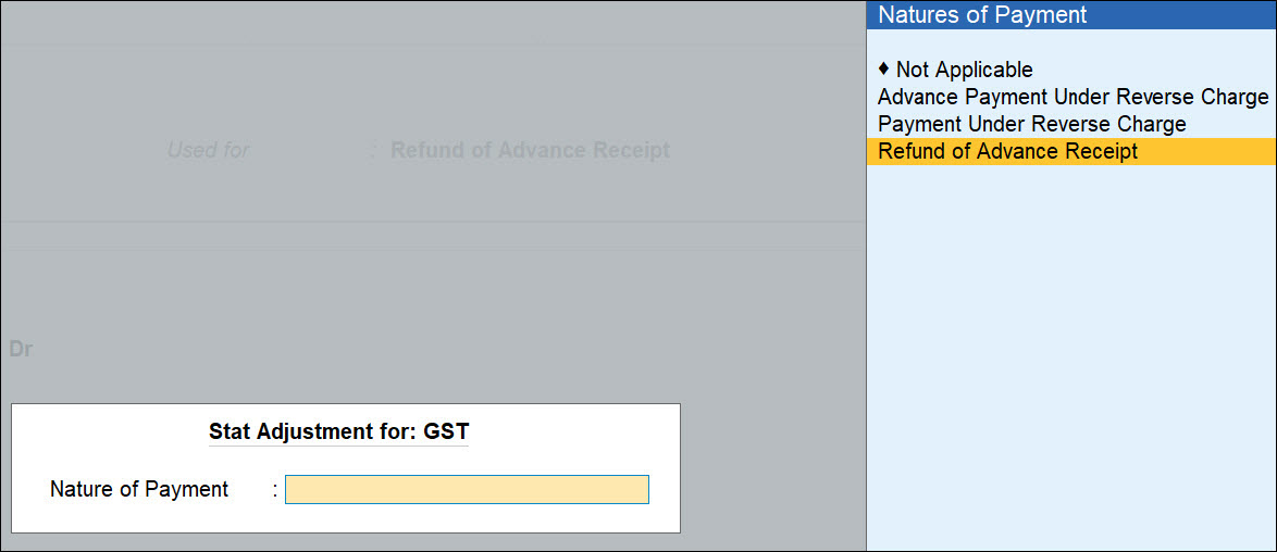 Stat Adjustment Details for Refund of Advance Received in TallyPrime