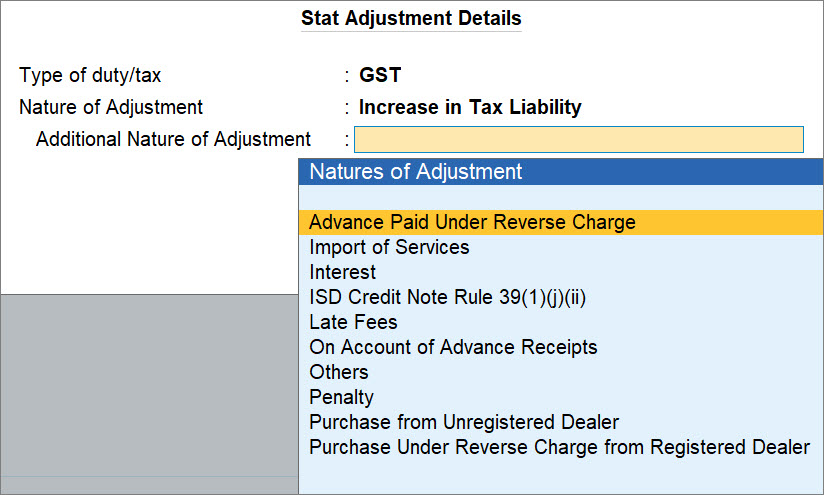 Stat Adjustment Details Screen in TallyPrime - Advance Paid Under Reverse Charge