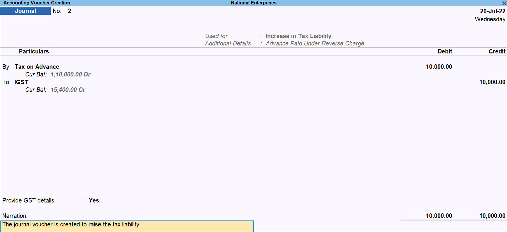 Journal Voucher Recorded to Raise the Tax Liability for Advance Paid Under Reverse Charge in TallyPrime