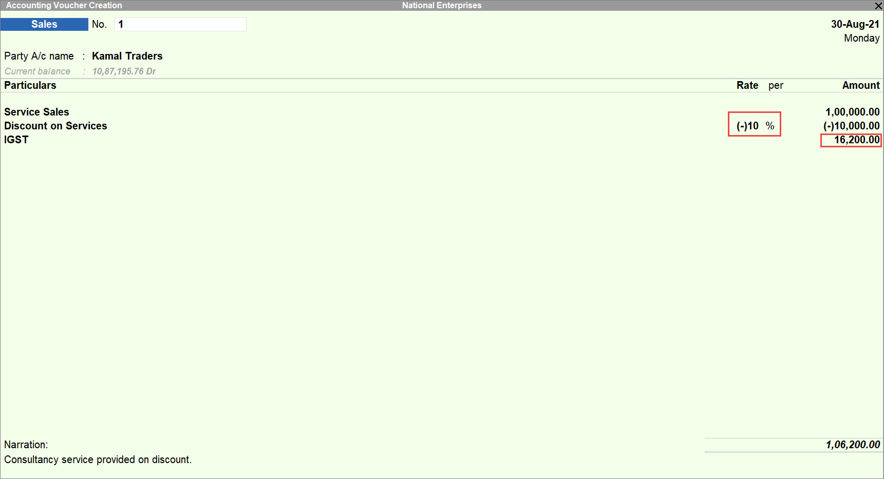 Sales Invoice for Services on Discount in TallyPrime