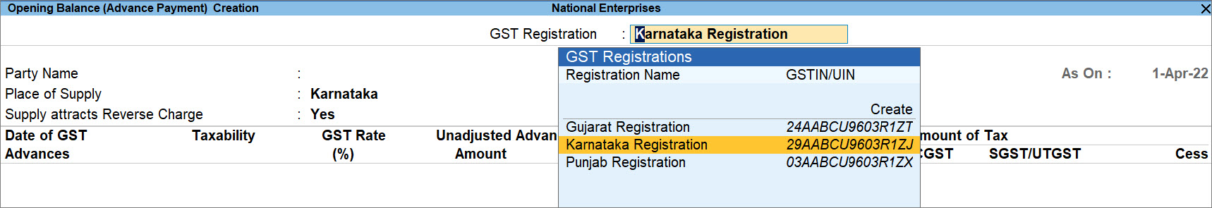 Select GST Registration While ProvidingOpening Balance for Advance Payments in TallyPrime