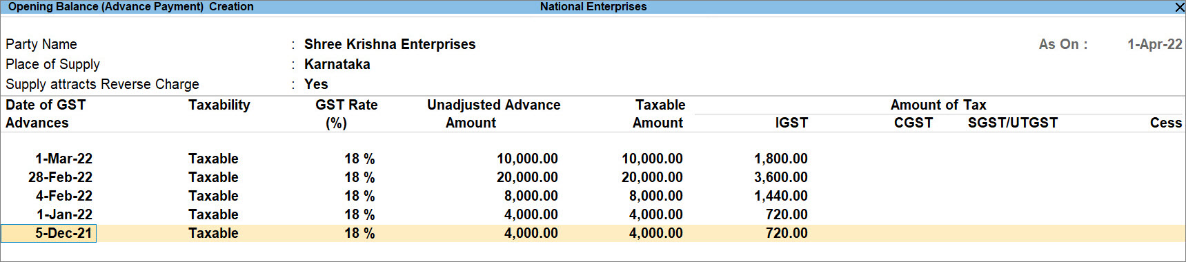 Opening Balance for Advances Paid in TallyPrime