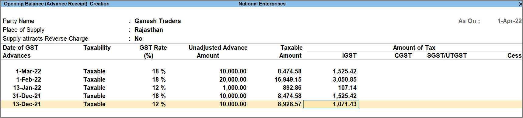 Opening Balance for Advances Received in TallyPrime