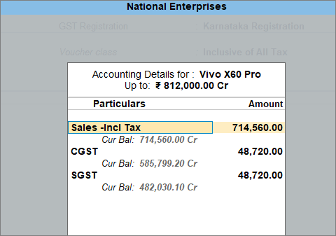 Accounting details for stock item