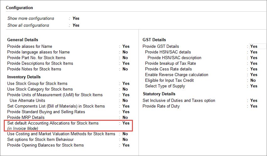 Configuration for stock item master