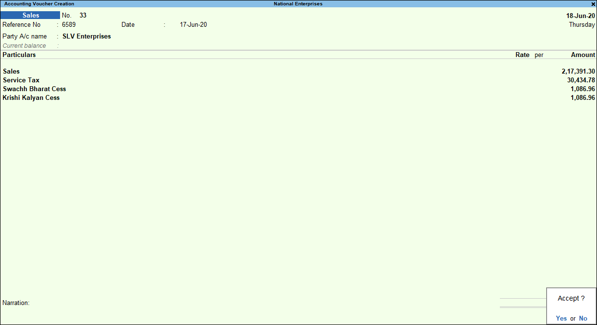 Accounting Voucher Creation for Service with Rate Inclusive of Tax in TallyPrime