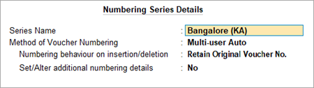 Numbering Series Details TallyPrime