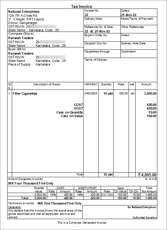 Printing cess on quantity and value