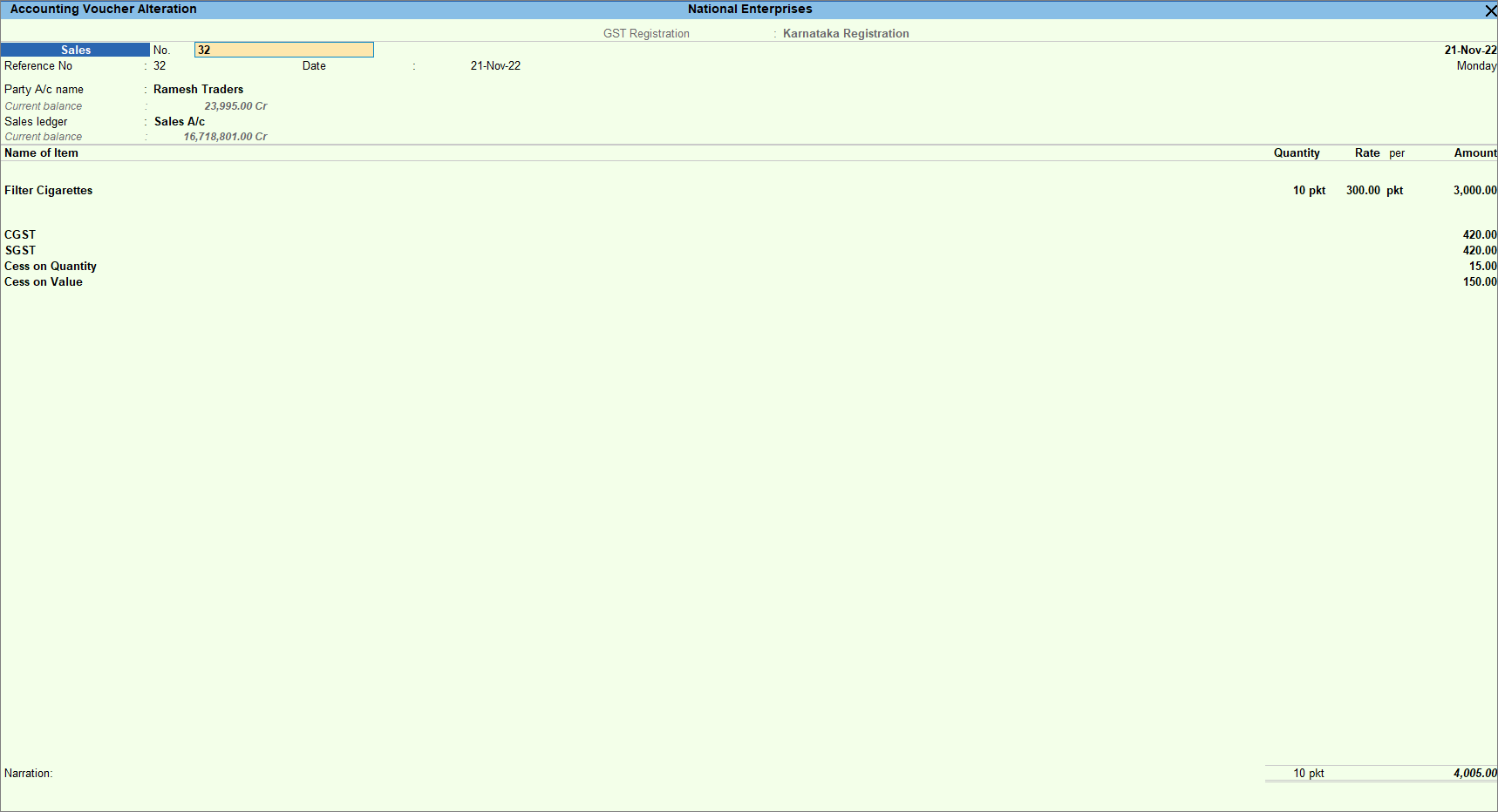 Record transaction with cess on quantity and value