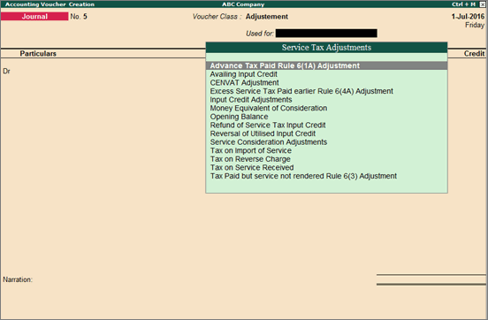 Accounting Voucher Creation for Service Tax Adjustments in TallyPrime