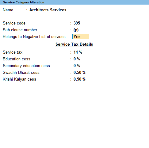 Service Category Alteration Screen in TallyPrime