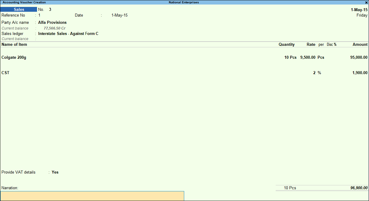 Transaction Recorded for Interstate Sales - Against Form C in TallyPrime