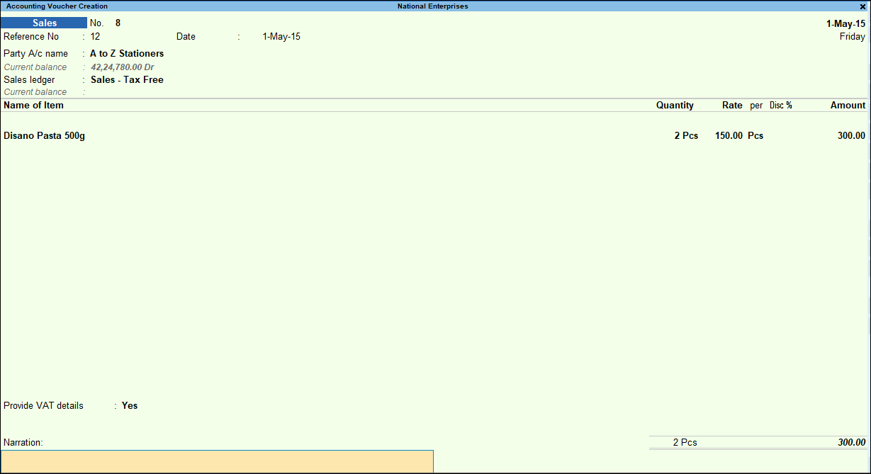 Record Sales Invoice for Sales - Tax Free in TallyPrime