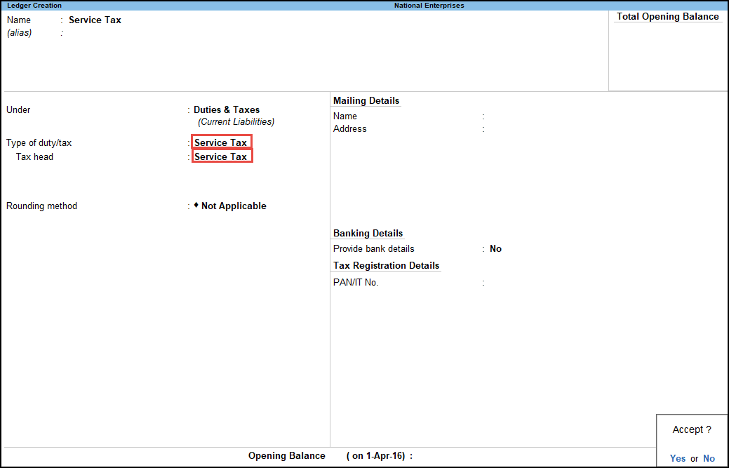 Service Tax Ledgers in TallyPrime