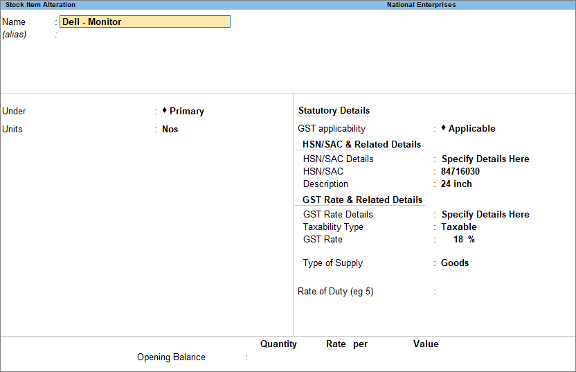 Stock Item GST Composition TallyPrime