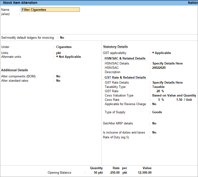 stock item creation for cess