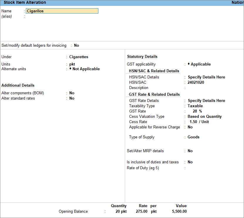 stock item creation for cess on quantity