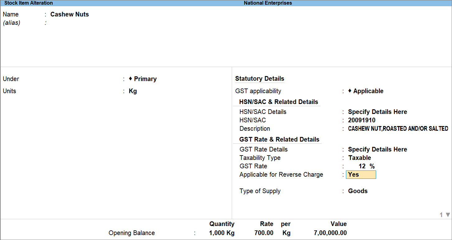 Configure Stock Items for Reverse Charge Mechanism in TallyPrime