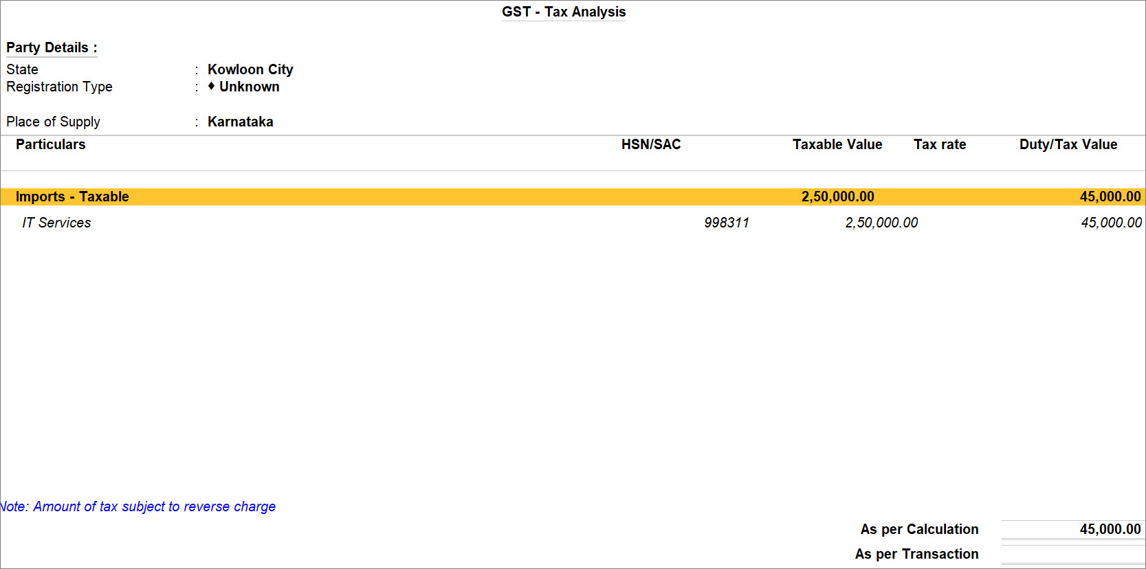 GST - Tax Analysis for RCM Purchase Voucher Recorded for Import of Services in TallyPrime
