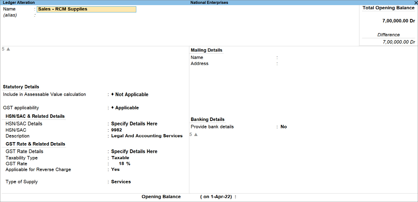 Sales Ledger Configured for Sales of RCM of Goods in TallyPrime