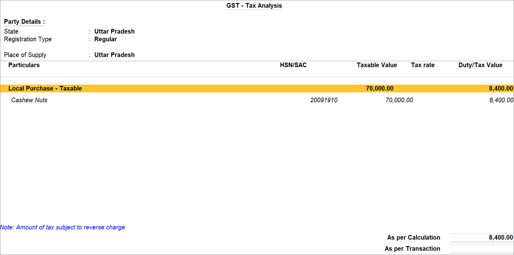 Tax Analysis for Purchase of Goods Under Reverse Charge Mechanism or RCM Purchase in TallyPrime