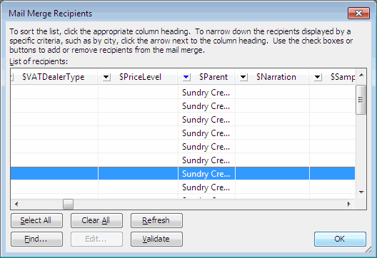 Mail Merge Recipients Window with Data Sorted and Filtered